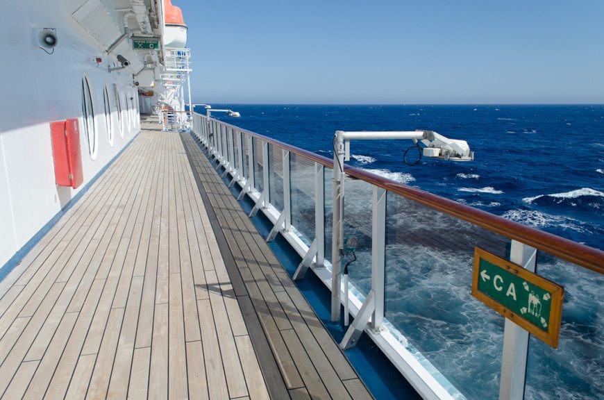 The view from Carnival Miracle's Promenade Deck, located on Deck 3. Photo © 2015 Aaron Saunders