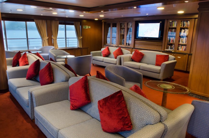 For a ship of its size, Silver Explorer is filled with more public rooms than you might expect. Shown here is the Observation Lounge forward on Deck 6. Photo © 2015 Aaron Saunders