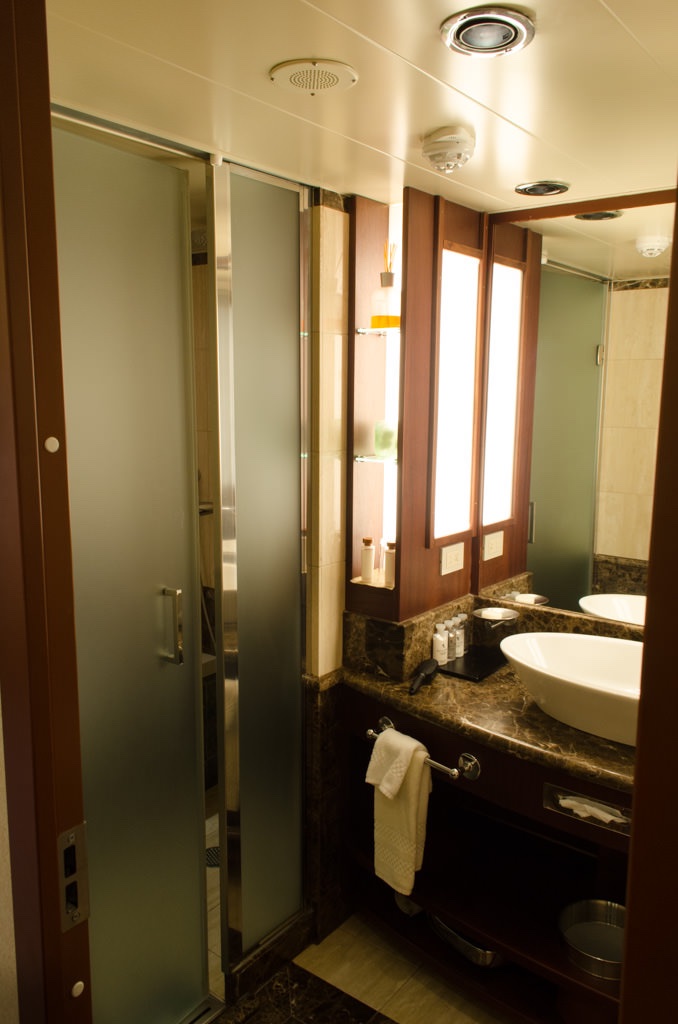 Bathrooms aboard Silver Explorer reflect the style found aboard Silversea's "classic" fleet of luxury ships. Photo © 2015 Aaron Saunders
