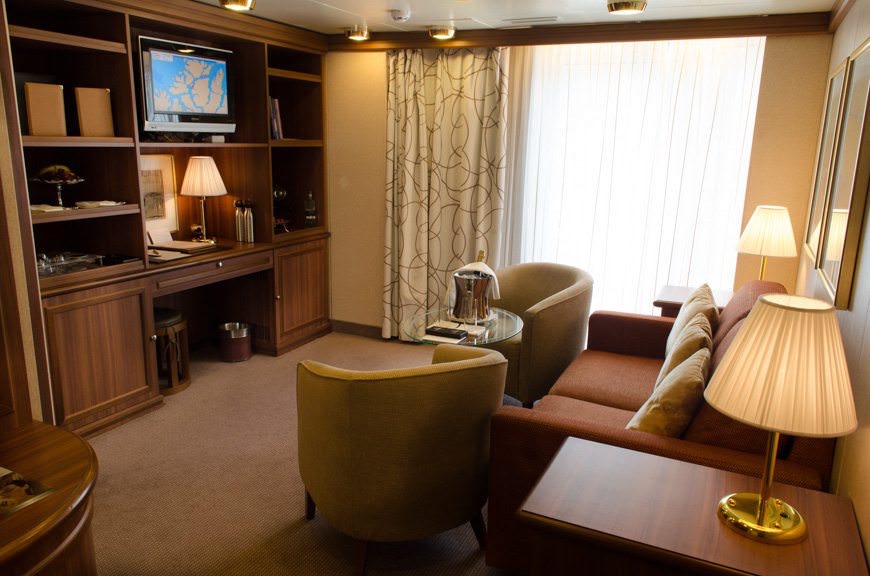 At 728 square feet (including the balcony), these suites feature separate living and sleeping areas, a marble bathroom, and a walk-in-closet. Photo © 2015 Aaron Saunders