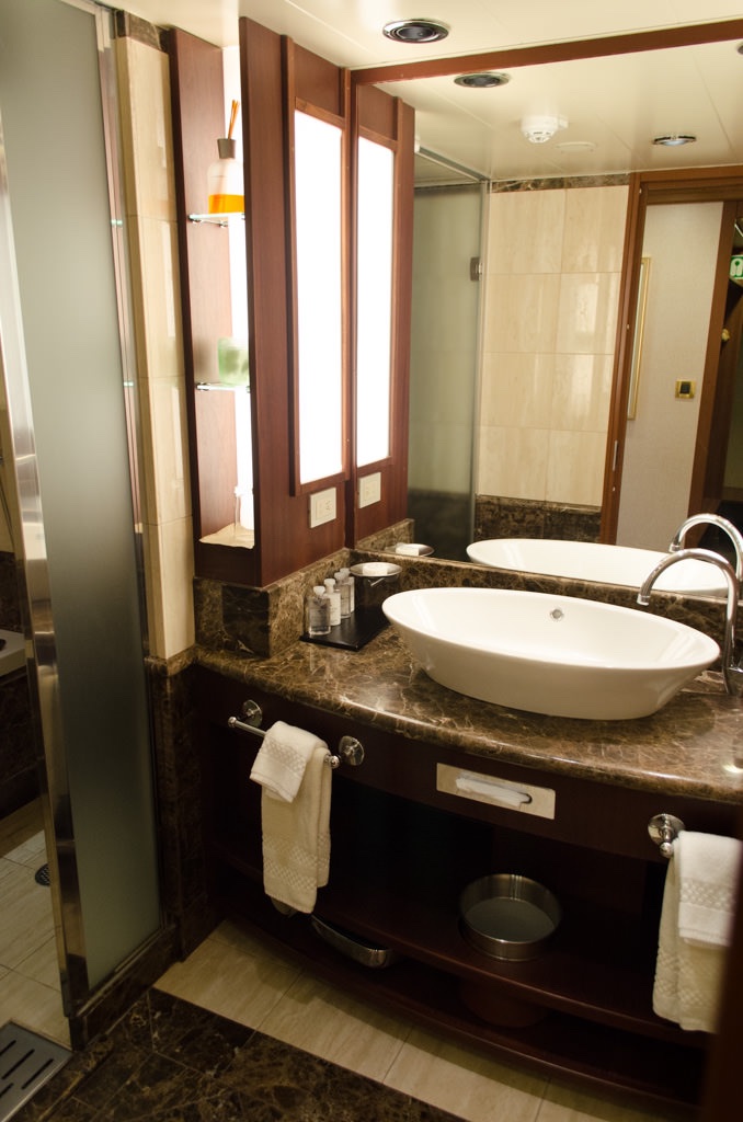 Marble bathroom de-luxe! Bathrooms aboard Silver Explorer in all stateroom categories are patterned after those on the line's classic luxury vessels. Photo © 2015 Aaron Saunders