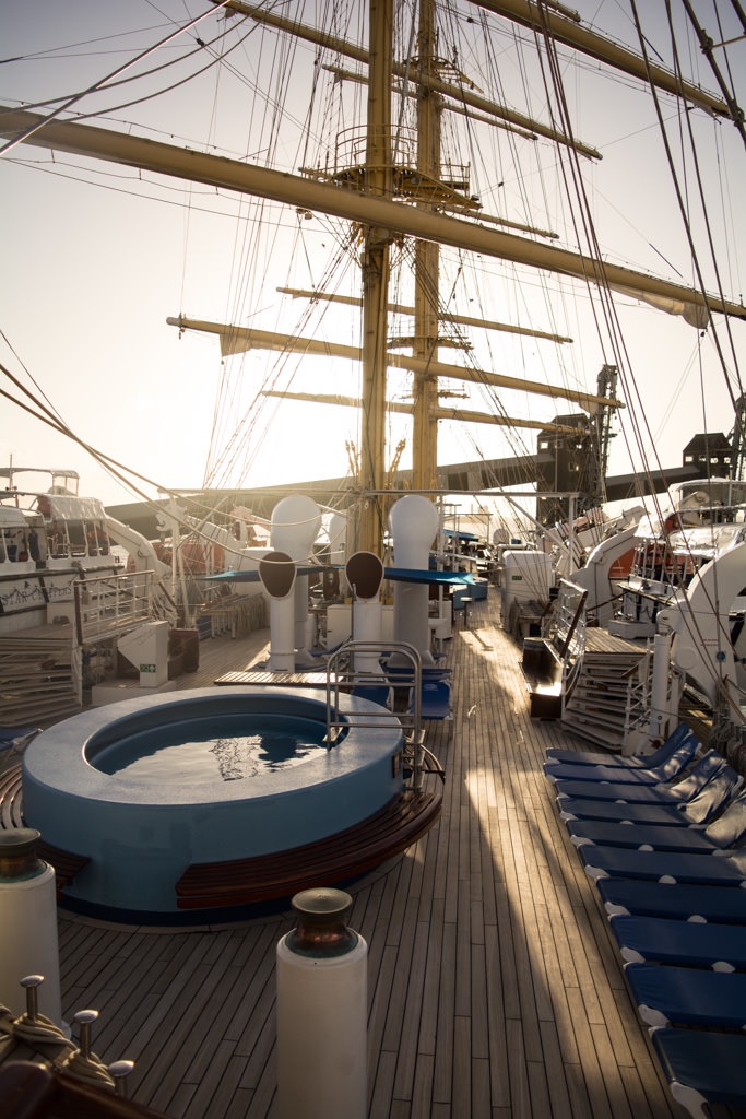 On-deck at sunset, as the hour of sailing approaches. Photo © 2015 Aaron Saunders